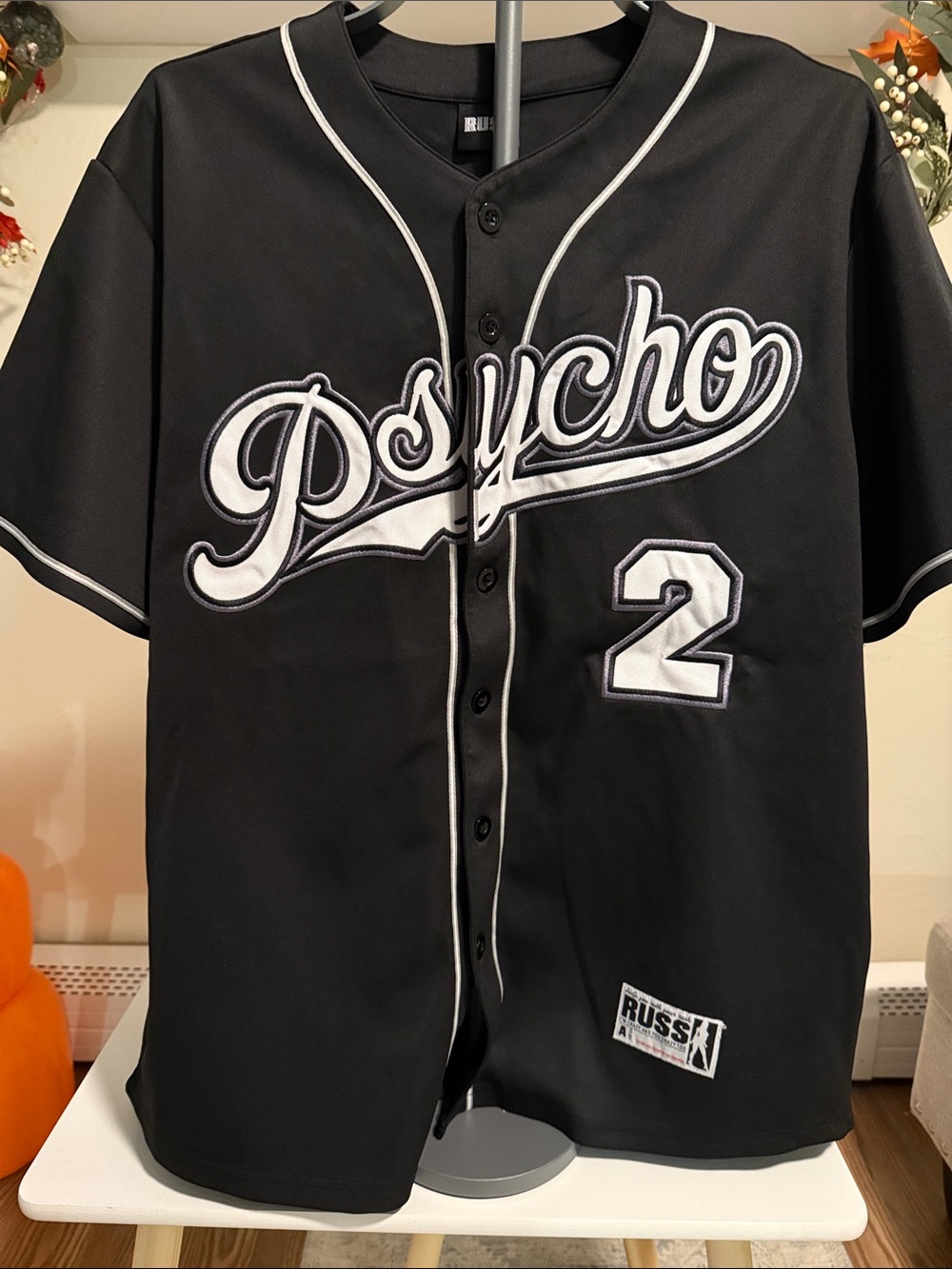 RUSS Black Baseball Jersey with White Script & Number 2